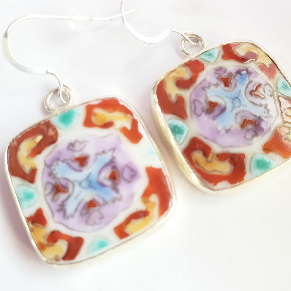 Porcelain Pottery Shard Earrings‎ Square Talavera Tile Mosaic on Sterling Silver